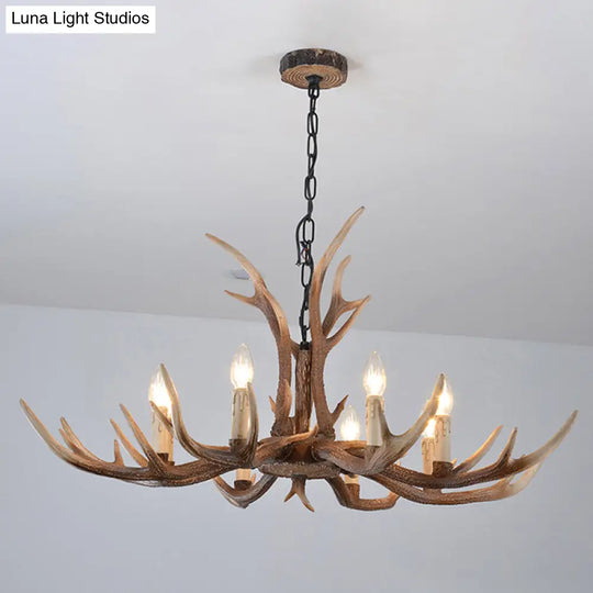 Rustic Brown Resin Antler Chandelier Ceiling Light With Candle Design - Authentic Look