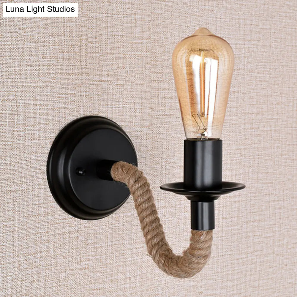 Rustic Brown Rope Wall Sconce With Exposed Bulb Design