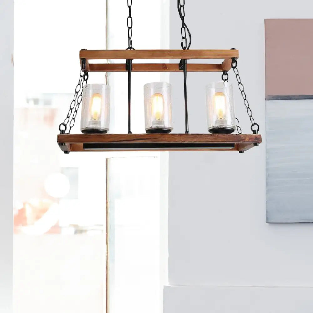 Rustic Brown Seeded Glass Island Light With 3-Bulb Cylinder Design And Wooden Trapezoid Guard For