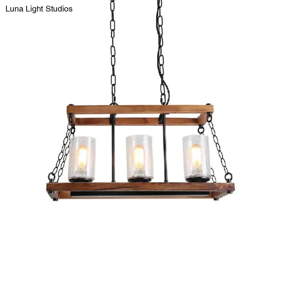 Rustic Brown Seeded Glass Island Light With 3-Bulb Cylinder Design And Wooden Trapezoid Guard For