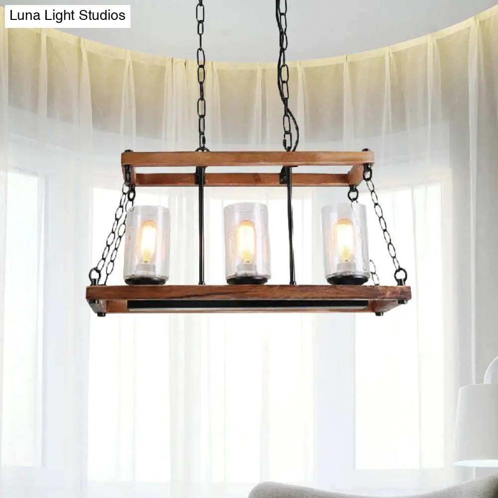 Rustic Brown Seeded Glass Island Light With 3-Bulb Cylinder Design And Wooden Trapezoid Guard For