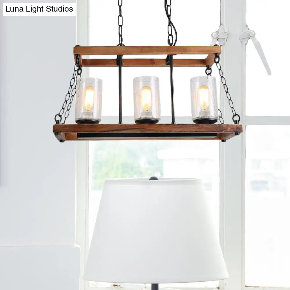 Rustic Brown Seeded Glass Island Light With 3-Bulb Cylinder Design And Wooden Trapezoid Guard For