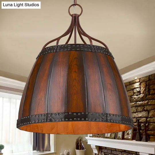 Rustic Brown Wood Drum Pendant Light - 4 Bulbs Living Room Chandelier Lamp