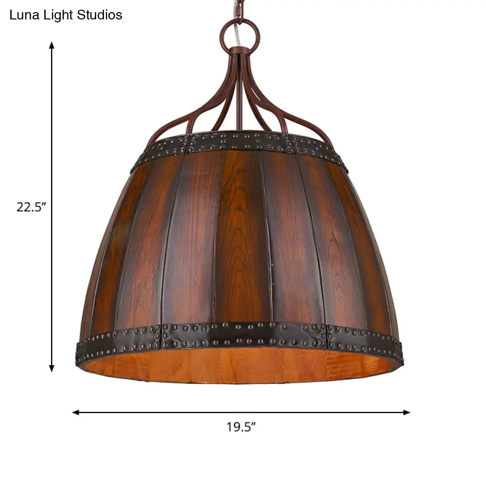 Rustic Brown Wood Drum Pendant Light - 4 Bulbs Living Room Chandelier Lamp