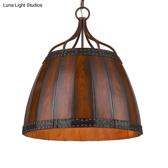 Rustic Brown Wood Drum Pendant Light - 4 Bulbs Living Room Chandelier Lamp