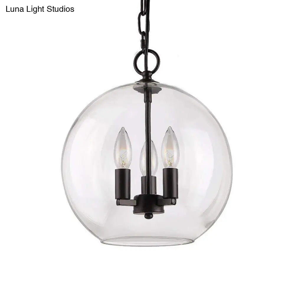 Rustic Bubble Shade Black Pendant Chandelier With Clear Glass - 3 Lights Ceiling Fixture