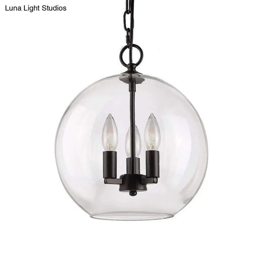 Rustic Bubble Shade Black Pendant Chandelier With Clear Glass - 3 Lights Ceiling Fixture