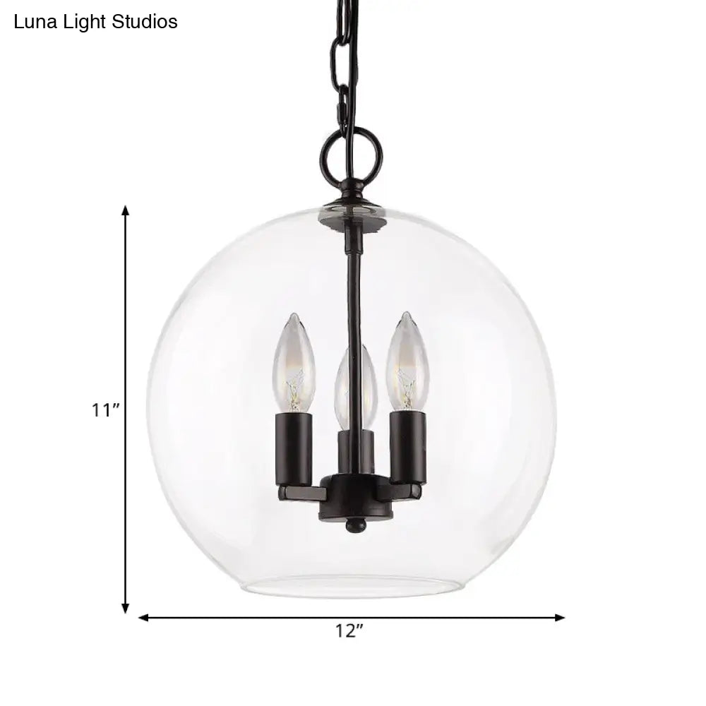 Rustic Bubble Shade Pendant Chandelier - 3-Light Ceiling Fixture With Clear Glass In Black