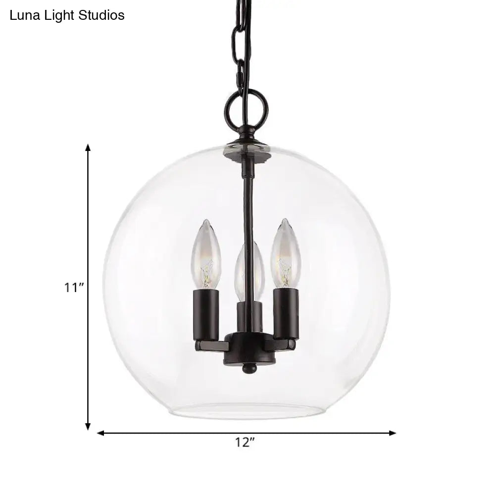 Rustic Bubble Shade Black Pendant Chandelier With Clear Glass - 3 Lights Ceiling Fixture