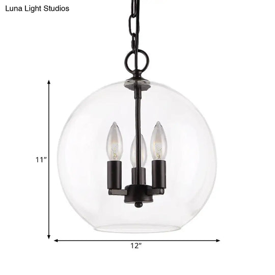 Rustic Bubble Shade Black Pendant Chandelier With Clear Glass - 3 Lights Ceiling Fixture