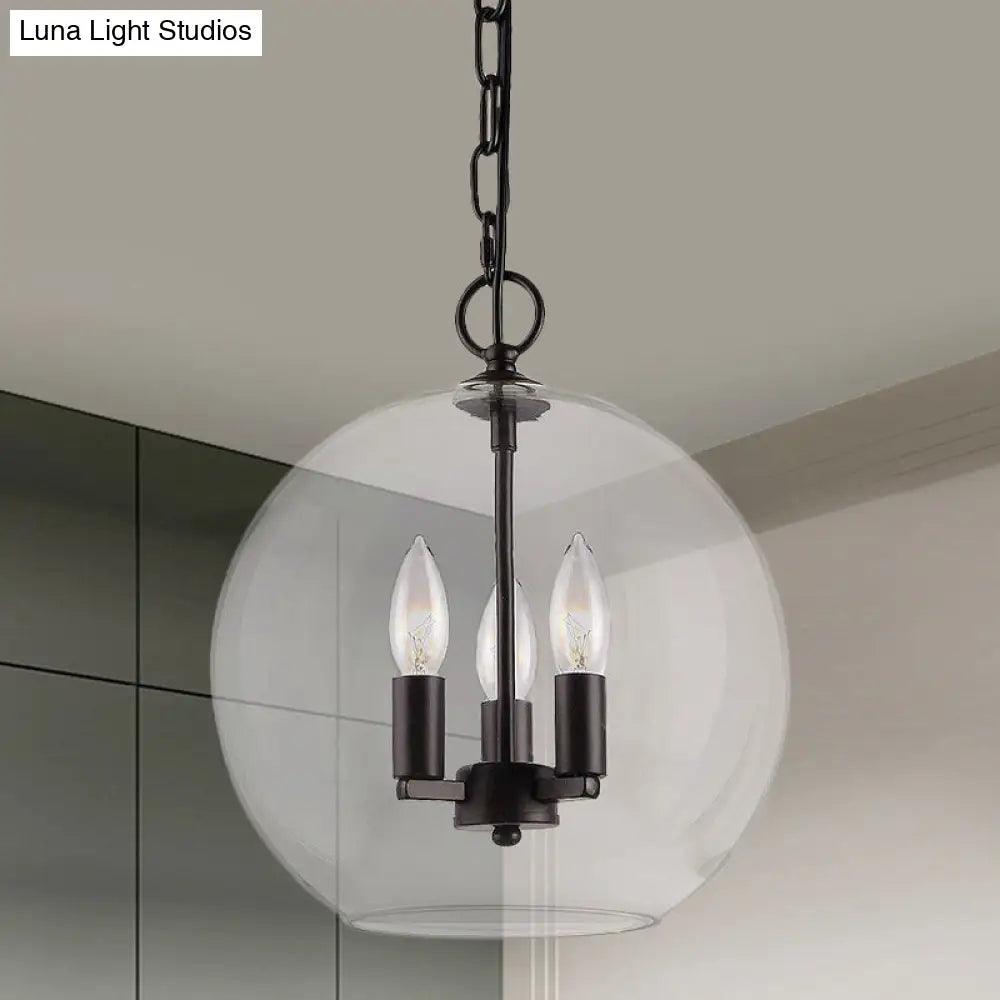 Rustic Bubble Shade Black Pendant Chandelier With Clear Glass - 3 Lights Ceiling Fixture