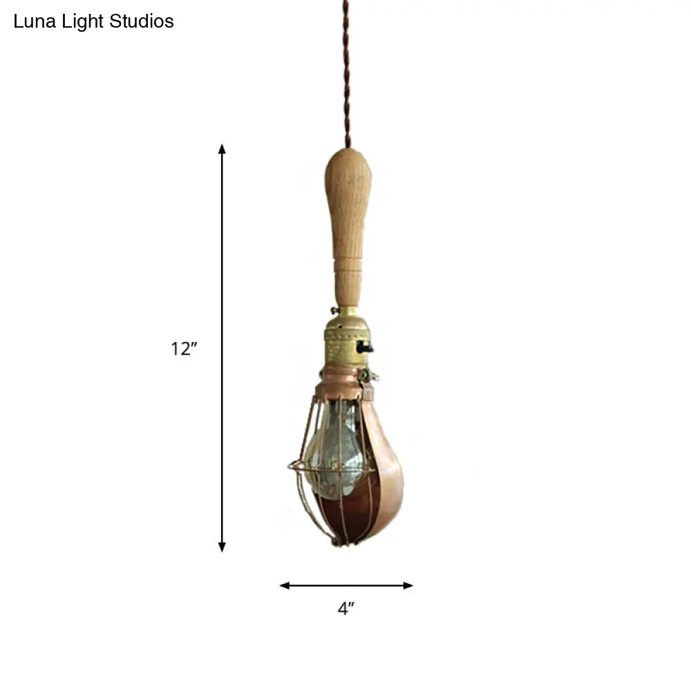 Rustic Bulb-Shaped Mini Hanging Light Pendant With Cage Guard - 1 Head Wood Down Lighting