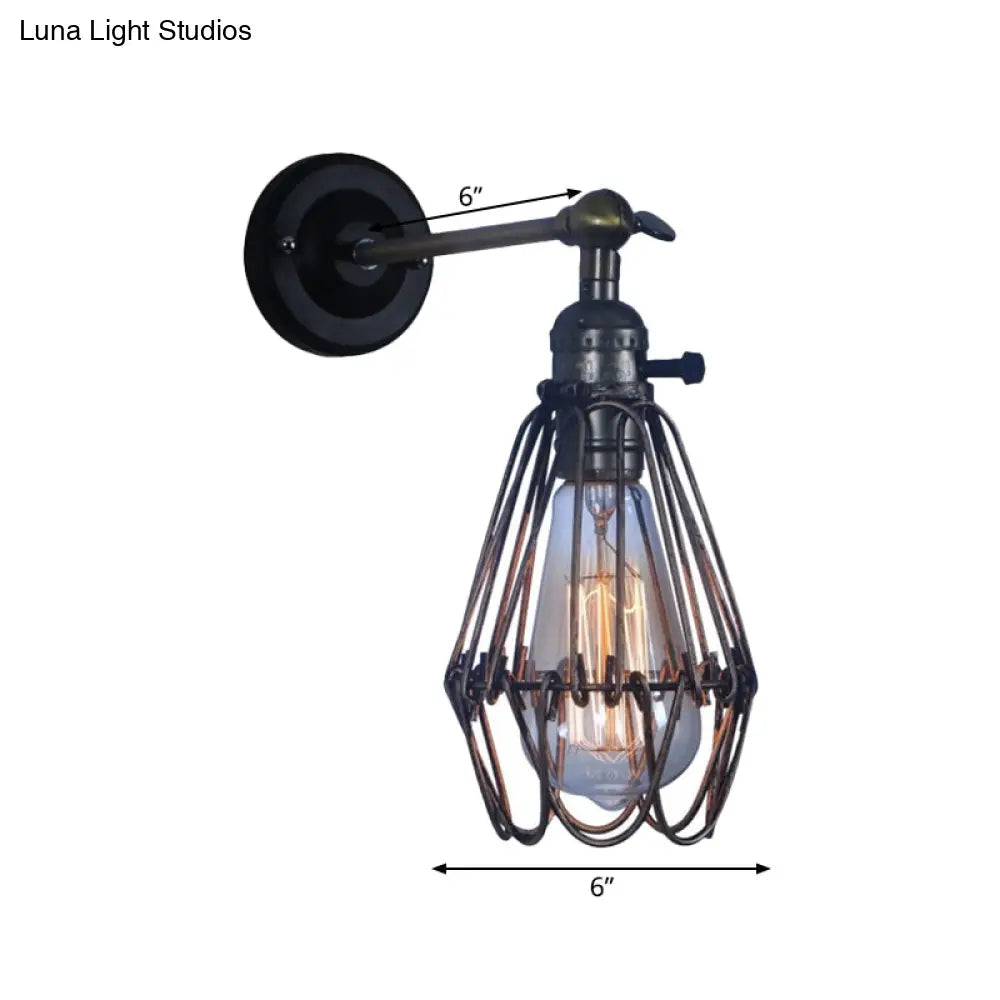 Rustic Cage Style Wall Lamp With 1 Light Wrought Iron Black - Ideal For Coffee Shops