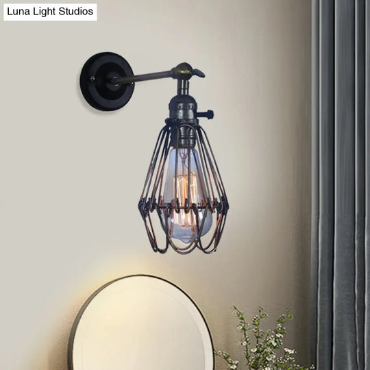 Rustic Cage Style Wall Lamp With 1 Light Wrought Iron Black - Ideal For Coffee Shops