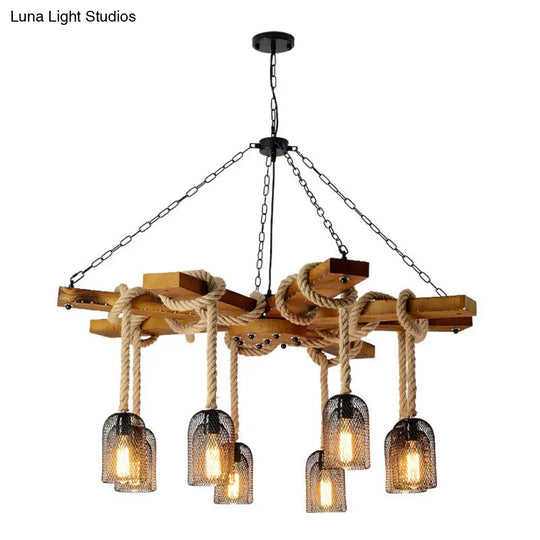 Rustic Caged Pendant Chandelier With Rope - Retro Metal & Wood 3/6/8 Light Ceiling Lamp