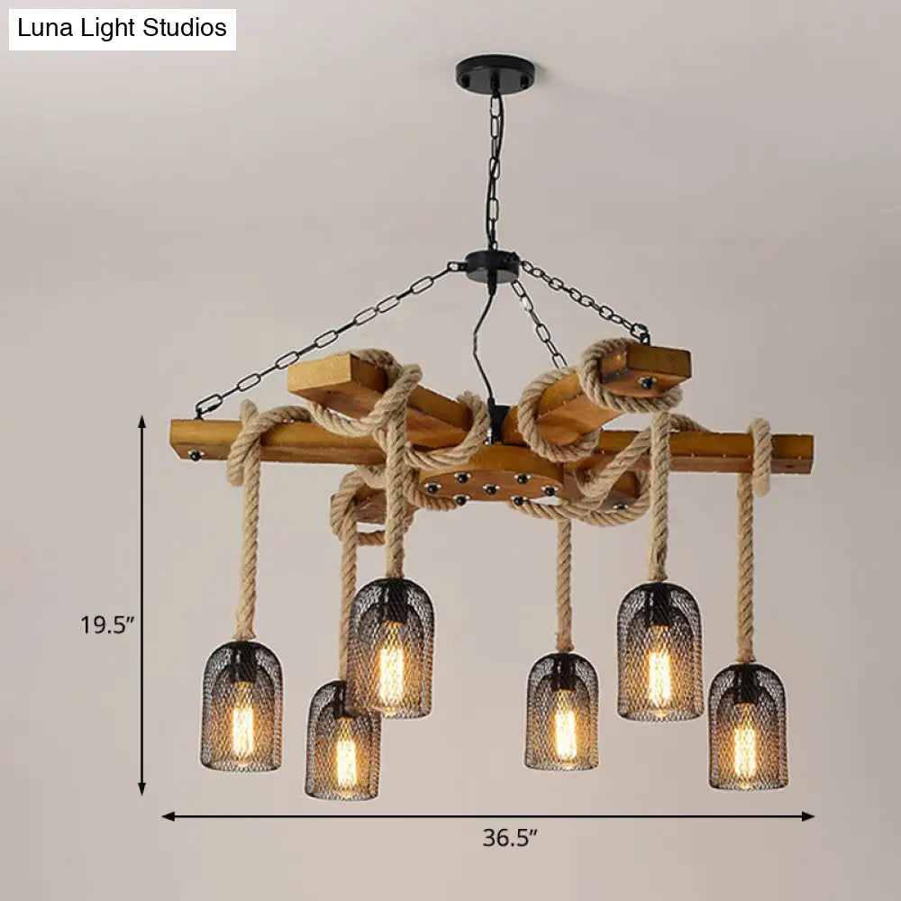 Rustic Caged Dining Room Chandelier Pendant With Retro Metallic Finish - 3/6/8 Lights & Wooden