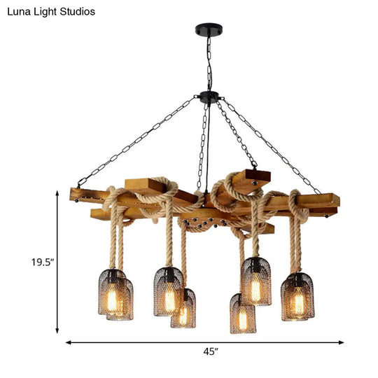 Rustic Caged Pendant Chandelier With Rope - Retro Metal & Wood 3/6/8 Light Ceiling Lamp