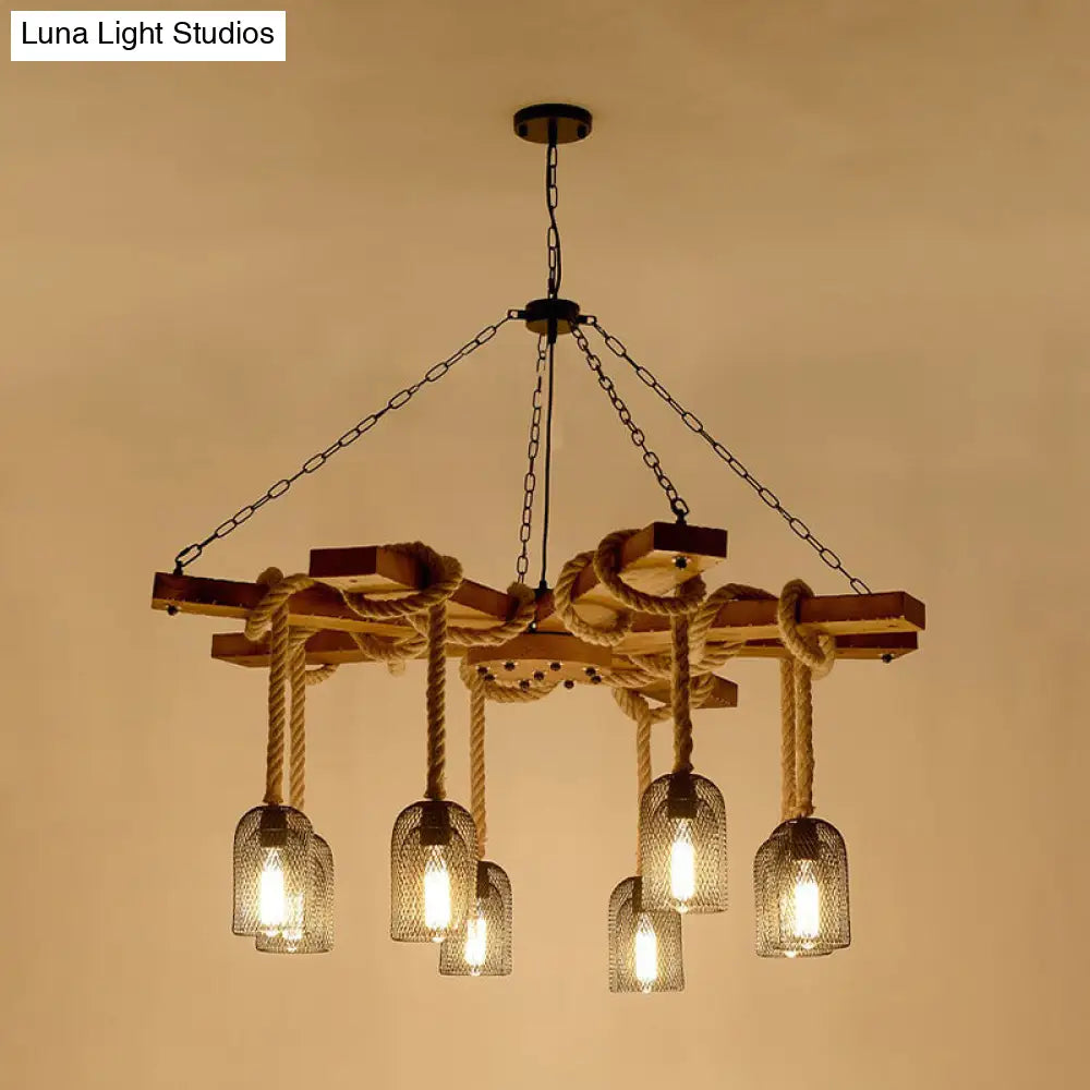 Rustic Caged Pendant Chandelier With Rope - Retro Metal & Wood 3/6/8 Light Ceiling Lamp