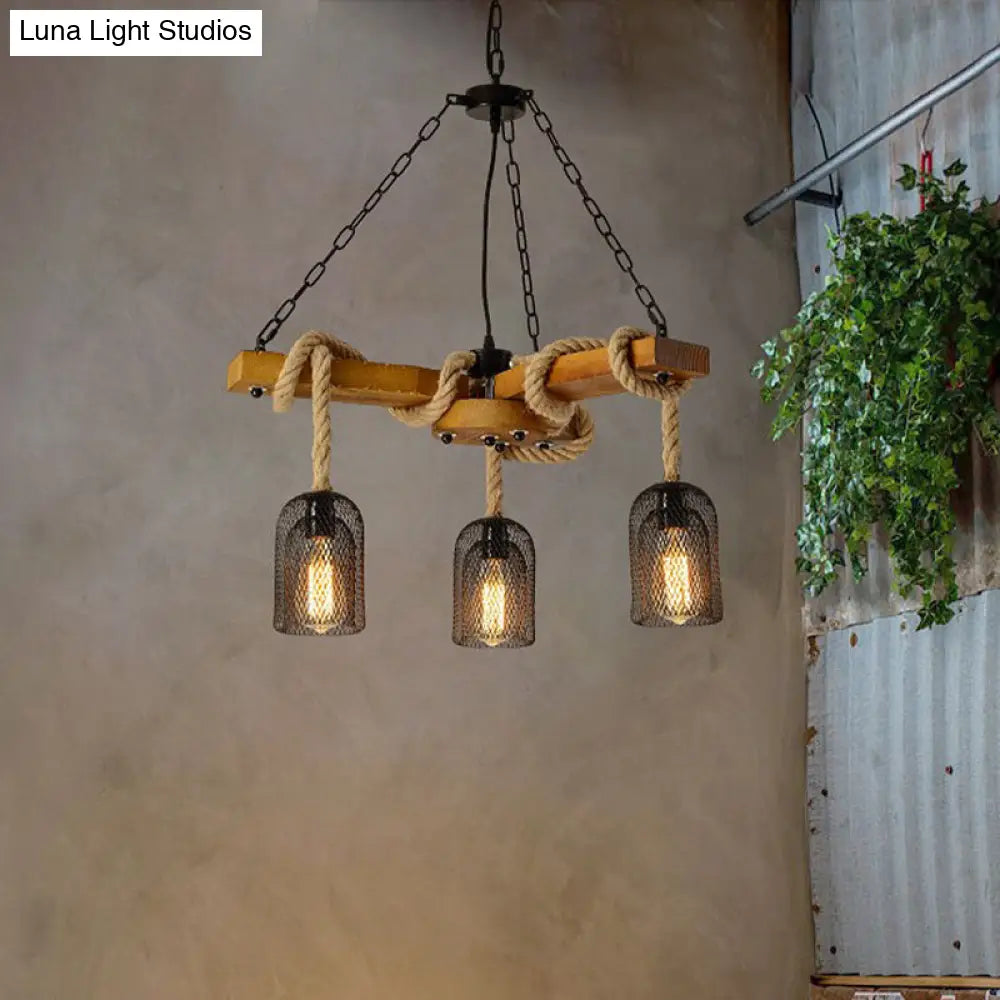 Rustic Caged Pendant Chandelier With Rope - Retro Metal & Wood 3/6/8 Light Ceiling Lamp 3 /