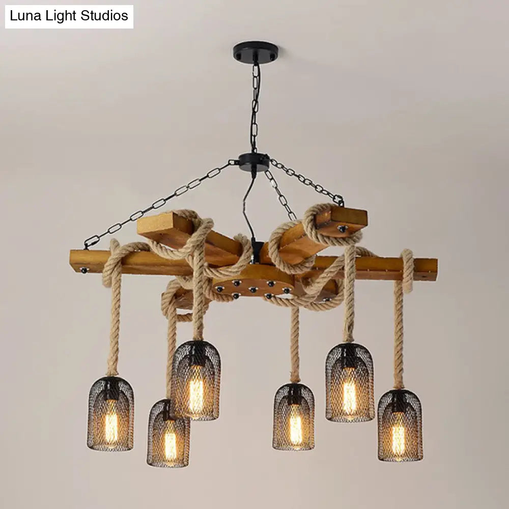 Rustic Caged Dining Room Chandelier Pendant With Retro Metallic Finish - 3/6/8 Lights & Wooden