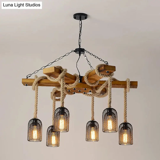 Rustic Caged Dining Room Chandelier Pendant With Retro Metallic Finish - 3/6/8 Lights & Wooden