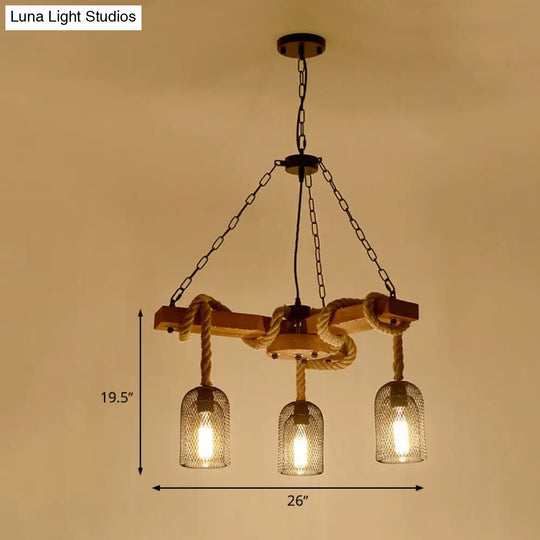 Rustic Caged Pendant Chandelier With Rope - Retro Metal & Wood 3/6/8 Light Ceiling Lamp