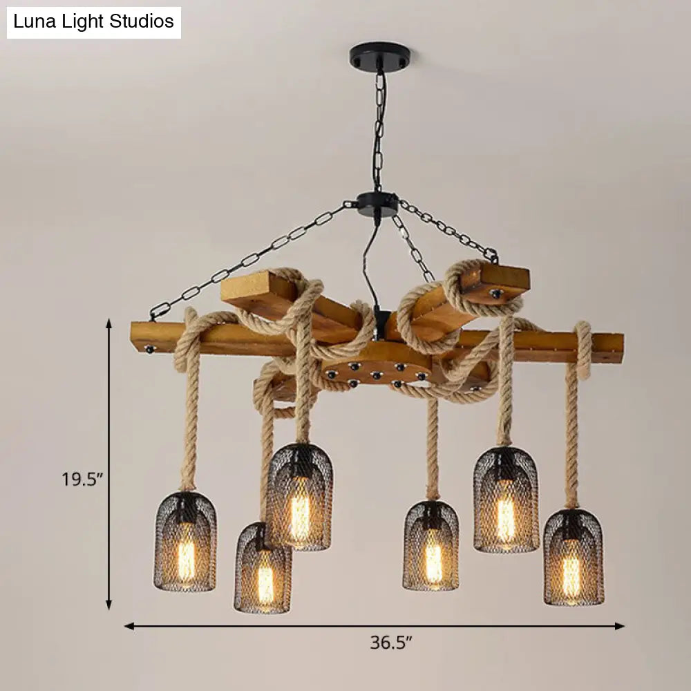 Rustic Caged Pendant Chandelier With Rope - Retro Metal & Wood 3/6/8 Light Ceiling Lamp