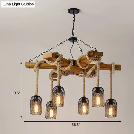 Rustic Caged Pendant Chandelier With Rope - Retro Metal & Wood 3/6/8 Light Ceiling Lamp