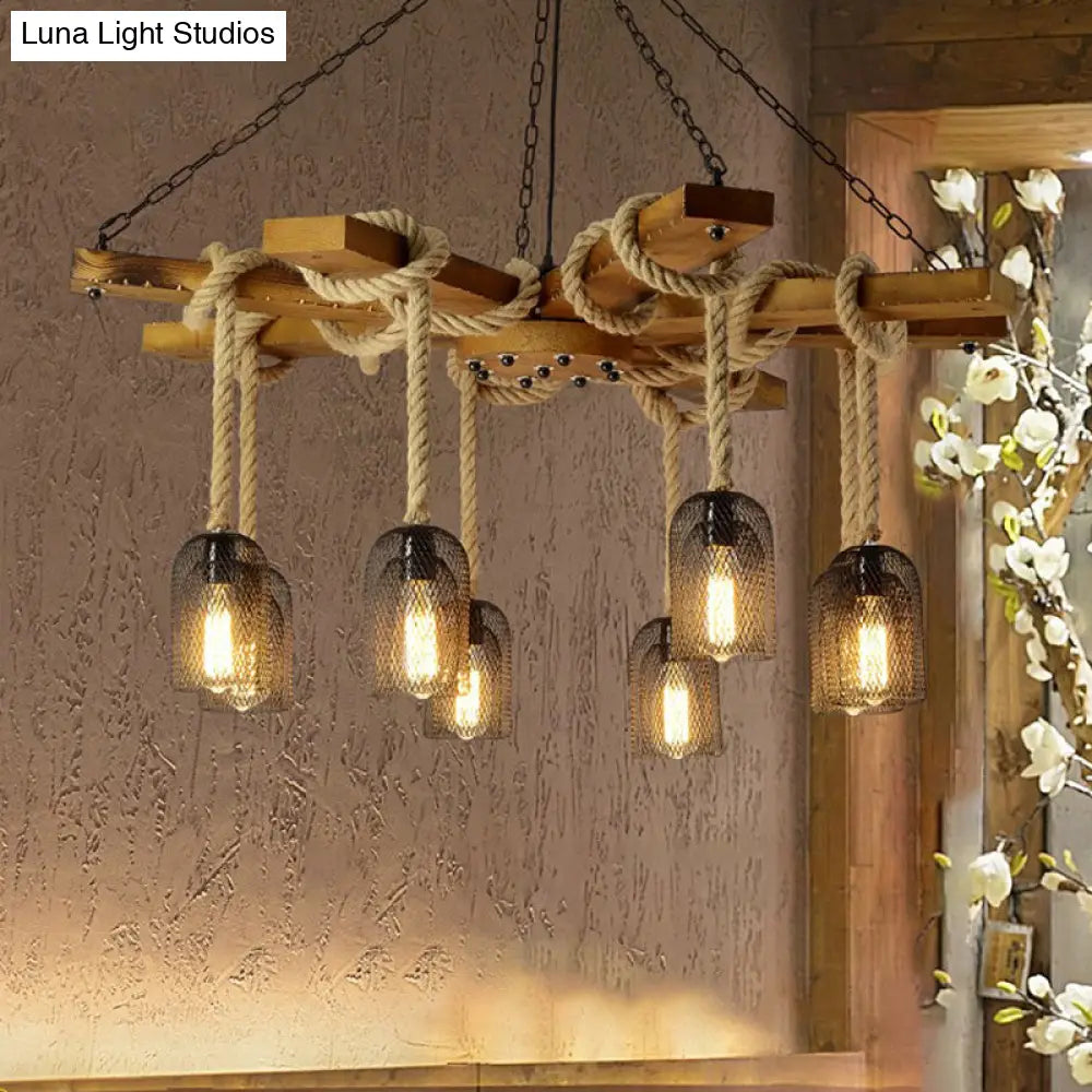 Rustic Caged Pendant Chandelier With Rope - Retro Metal & Wood 3/6/8 Light Ceiling Lamp