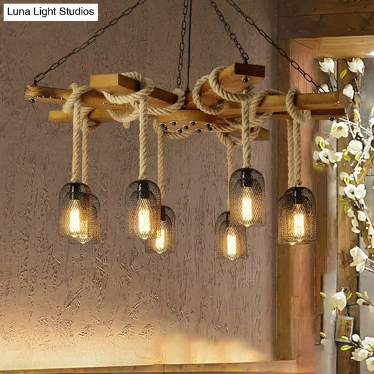 Rustic Caged Pendant Chandelier With Rope - Retro Metal & Wood 3/6/8 Light Ceiling Lamp