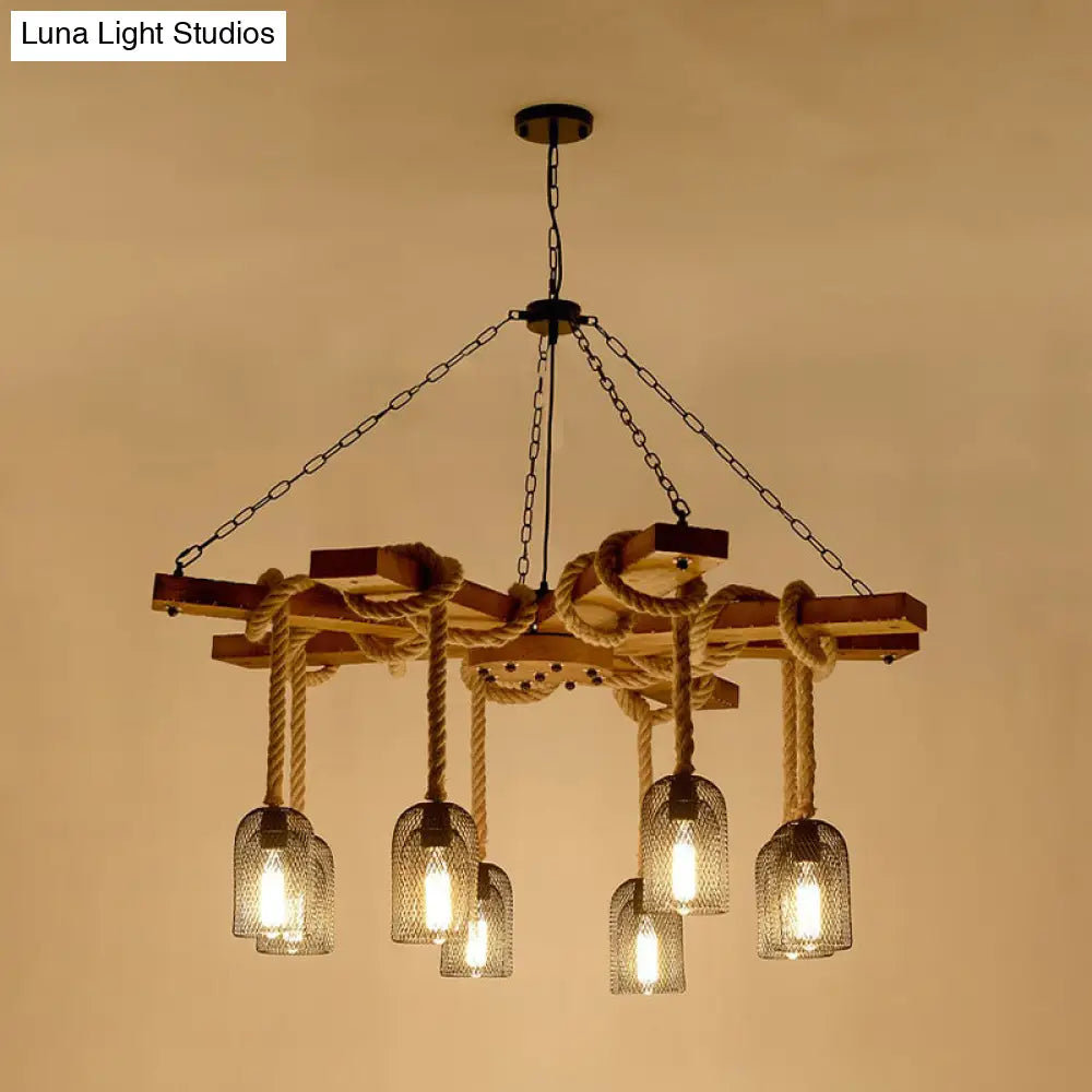 Rustic Caged Dining Room Chandelier Pendant With Retro Metallic Finish - 3/6/8 Lights & Wooden