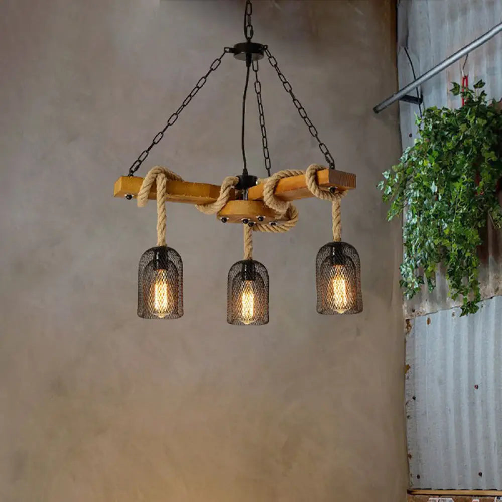 Rustic Caged Dining Room Chandelier Pendant With Retro Metallic Finish - 3/6/8 Lights & Wooden