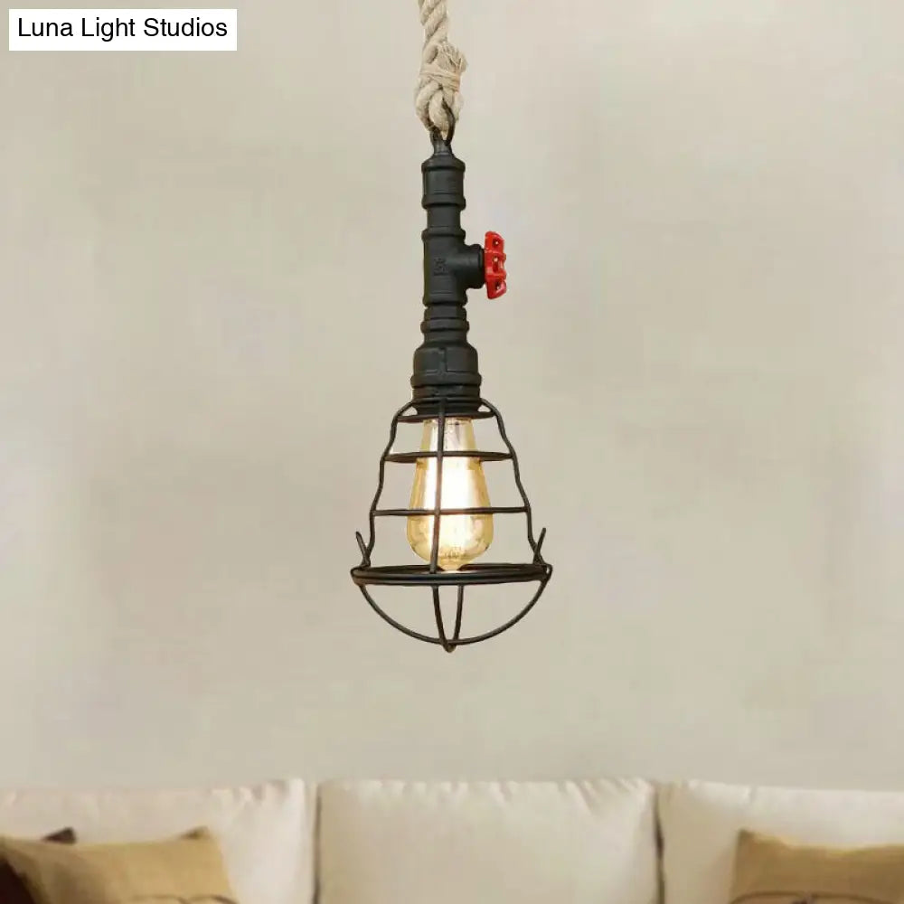 Bar Pendant Light - Vintage Caged Metal Hanging Lamp With Pipe And Rope Cord Black Finish