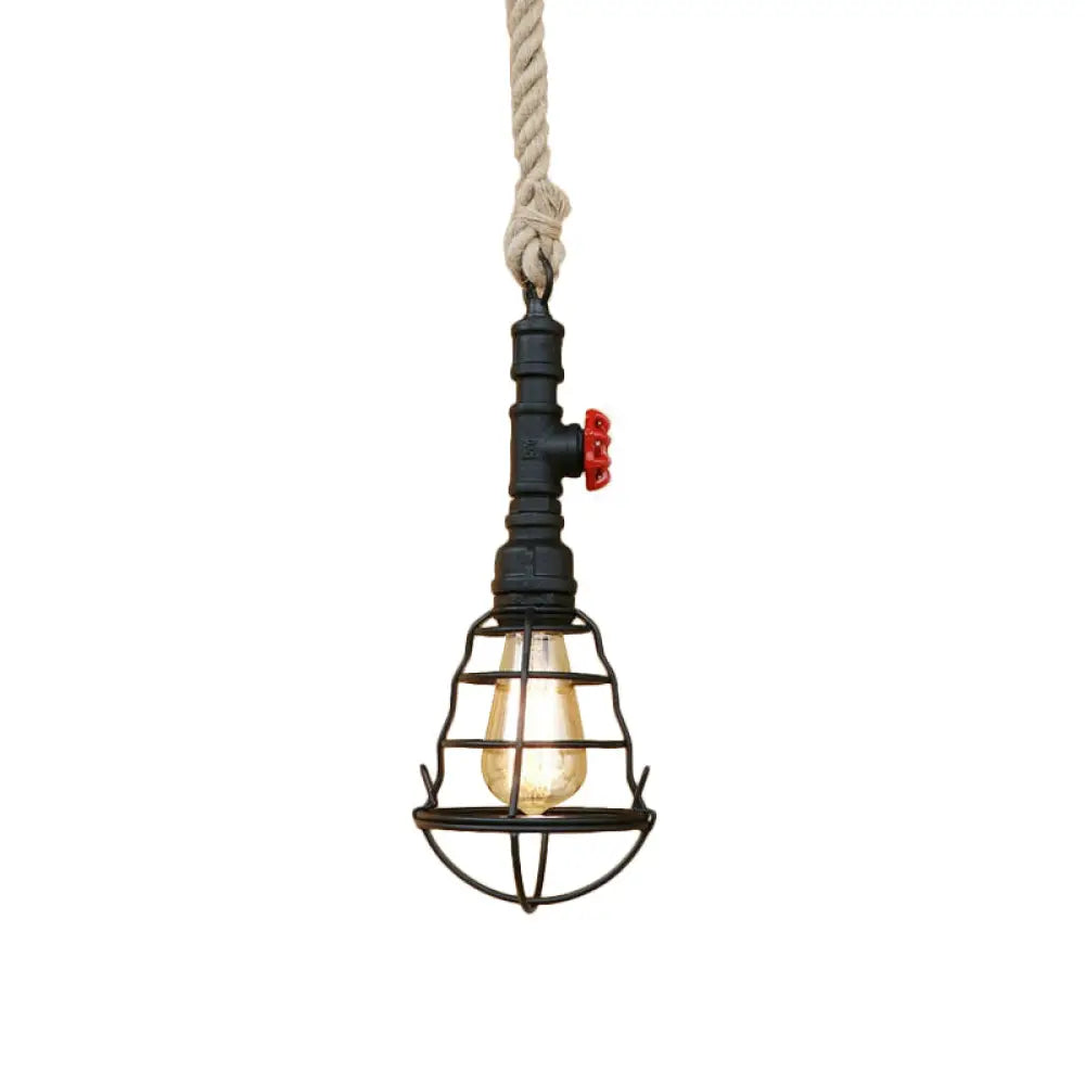 Rustic Caged Pendant Light - Black Metal Hanging With Pipe & Rope Cord Ideal For Bars