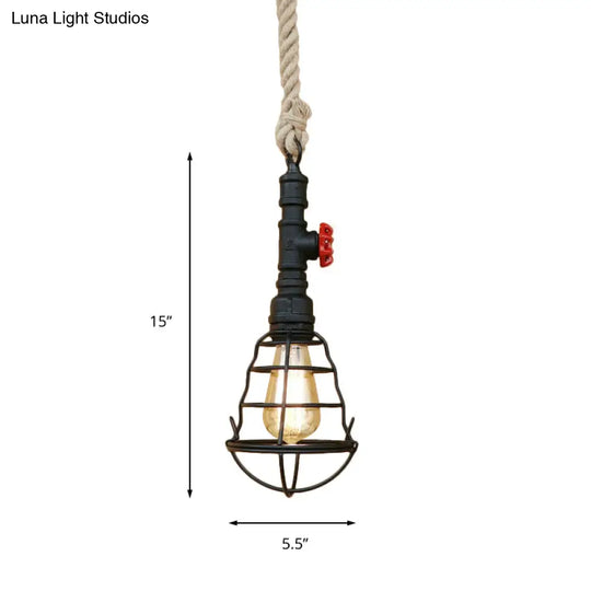 Rustic Caged Pendant Light - Black Metal Hanging With Pipe & Rope Cord Ideal For Bars