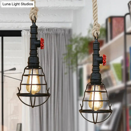 Bar Pendant Light - Vintage Caged Metal Hanging Lamp With Pipe And Rope Cord Black Finish