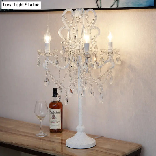 Rustic Candelabra Night Lamp With 4 Lights In White - Metal Nightstand Light K9 Crystal Strand