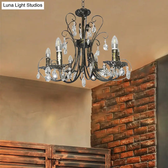 Rustic Candle Chandelier: Wrought Iron 6-Light Suspension Lamp With Crystal Accent - Brass Finish