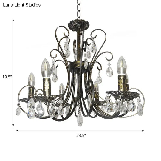 Rustic Candle Chandelier: Wrought Iron 6-Light Suspension Lamp With Crystal Accent - Brass Finish