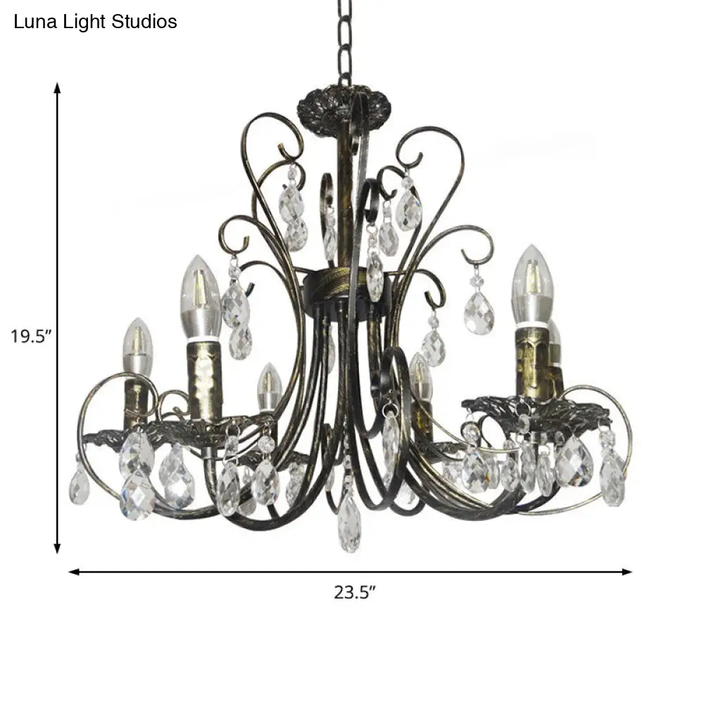 Rustic Candle Chandelier With Crystal Accent - 6-Light Suspension Lamp In Brass