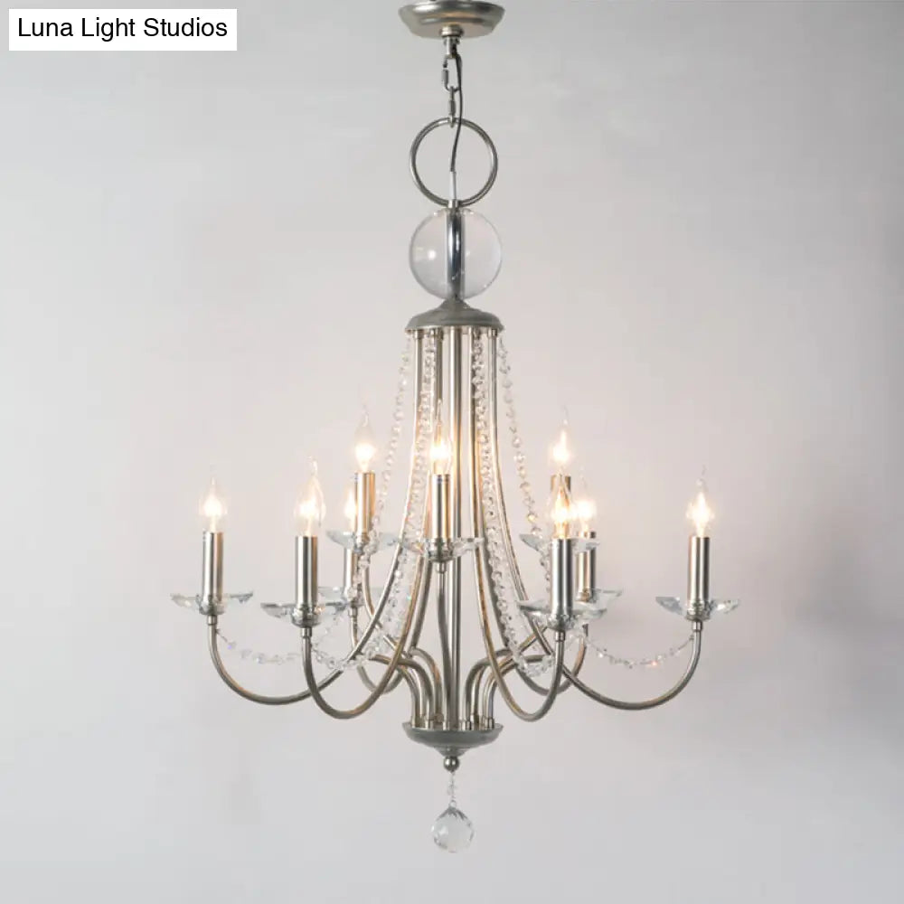 Rustic Candlestick Chandelier With Crystal Strand Elegant Metallic Hanging Light Kit