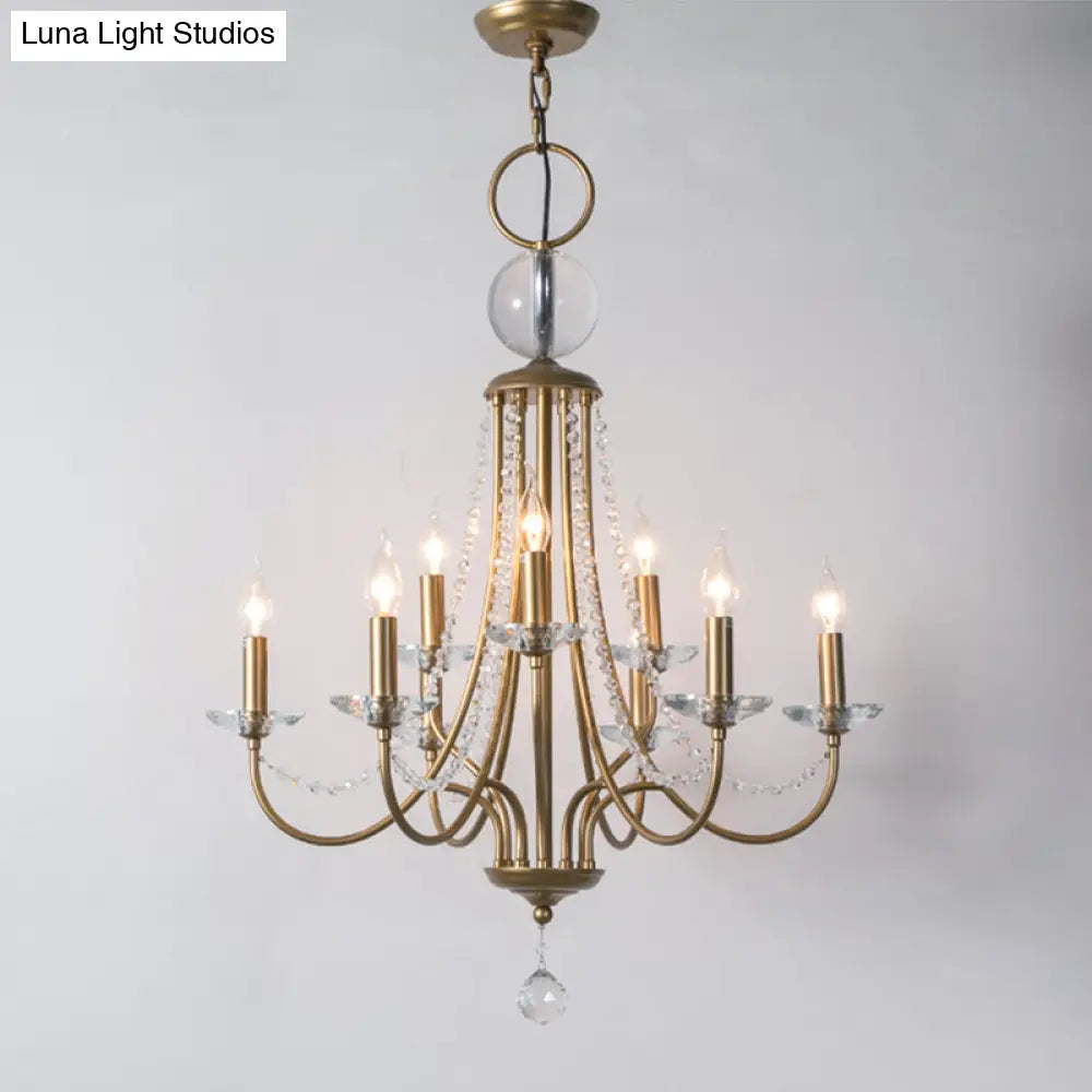 Rustic Candlestick Chandelier With Crystal Strand Elegant Metallic Hanging Light Kit