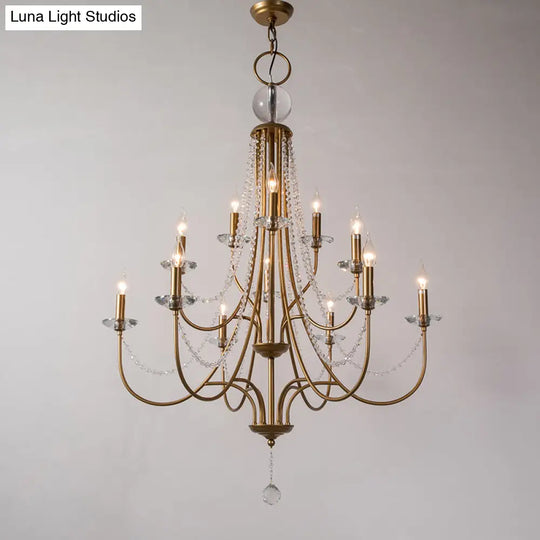 Rustic Candlestick Chandelier With Crystal Strand Elegant Metallic Hanging Light Kit