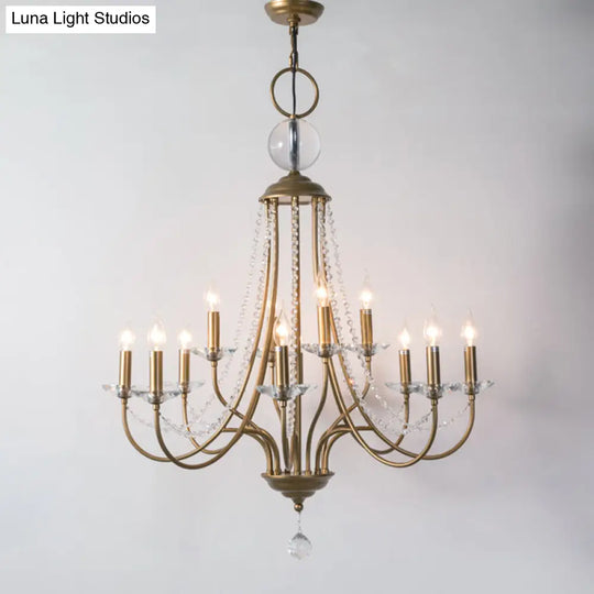 Rustic Candlestick Chandelier With Crystal Strand Elegant Metallic Hanging Light Kit