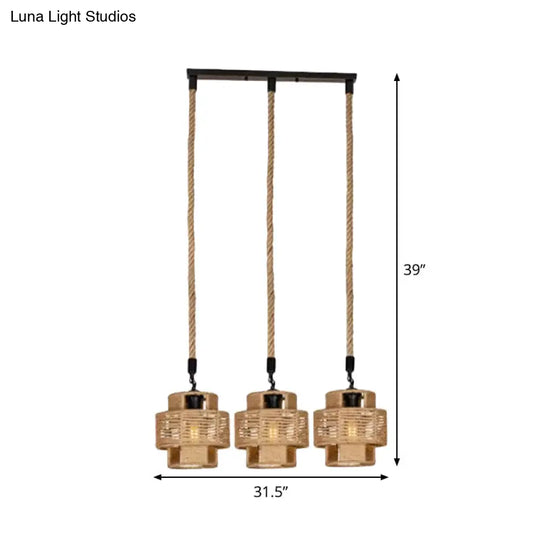 Lodge Style Pendant Light With Double Shade In Brown - Round/Linear Canopy 3/6 Lights Roped Hanging