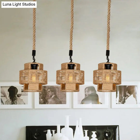 Lodge Style Pendant Light With Double Shade In Brown - Round/Linear Canopy 3/6 Lights Roped Hanging