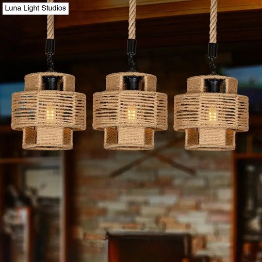 Lodge Style Pendant Light With Double Shade In Brown - Round/Linear Canopy 3/6 Lights Roped Hanging