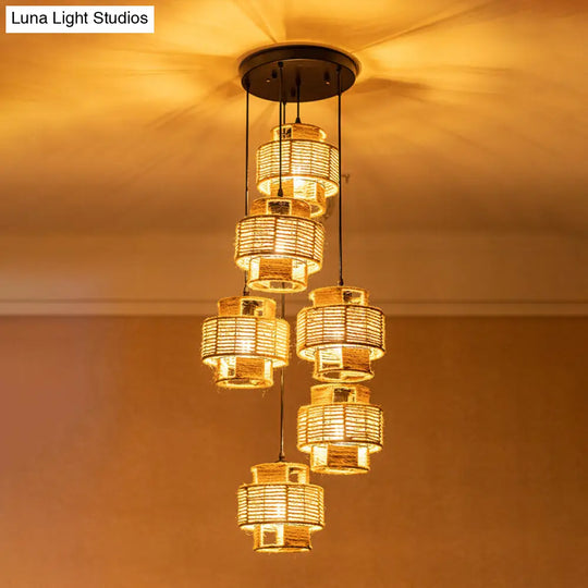 Lodge Style Pendant Light With Double Shade In Brown - Round/Linear Canopy 3/6 Lights Roped Hanging