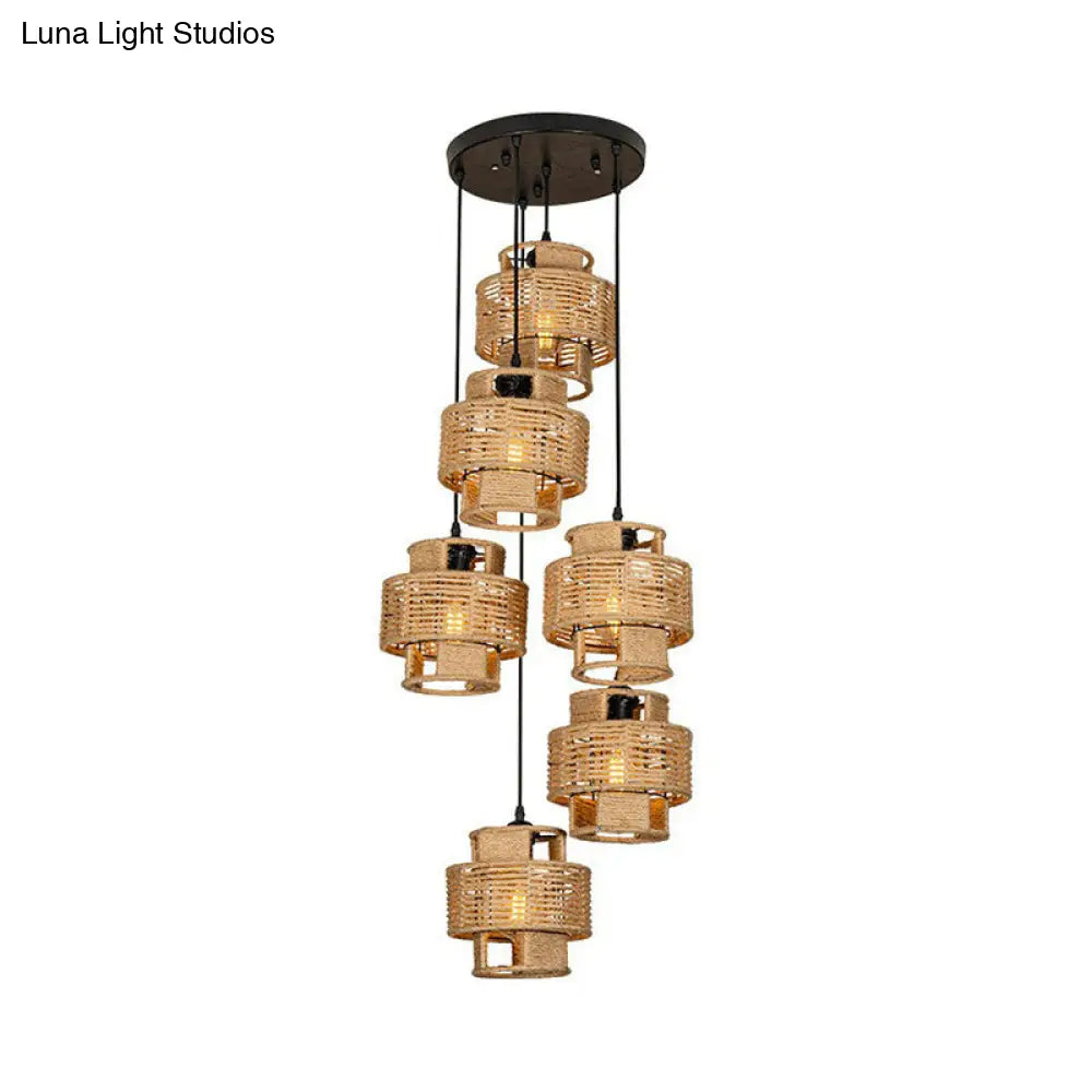 Lodge Style Pendant Light With Double Shade In Brown - Round/Linear Canopy 3/6 Lights Roped Hanging