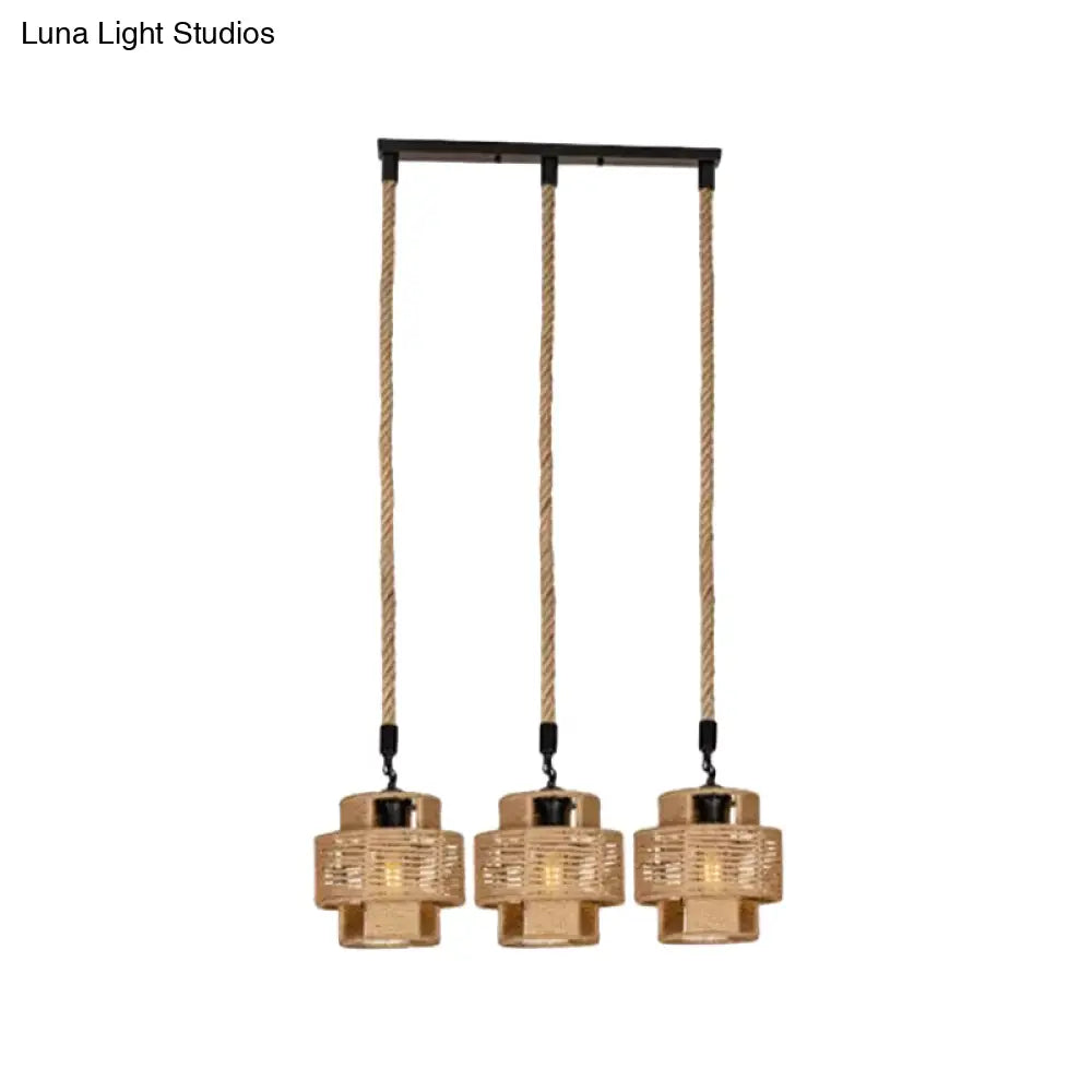 Lodge Style Pendant Light With Double Shade In Brown - Round/Linear Canopy 3/6 Lights Roped Hanging